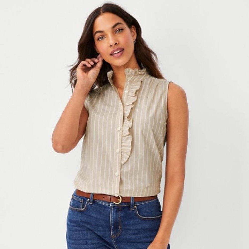 NWT - ANN TAYLOR 100% Cotton Sleeveless Striped Ruffle Button Top